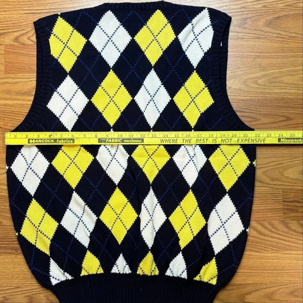 Vtg Polo Ralph Lauren Argyle Sweater Vest L Navy Yellow Cotton Preppy V Neck Y2K